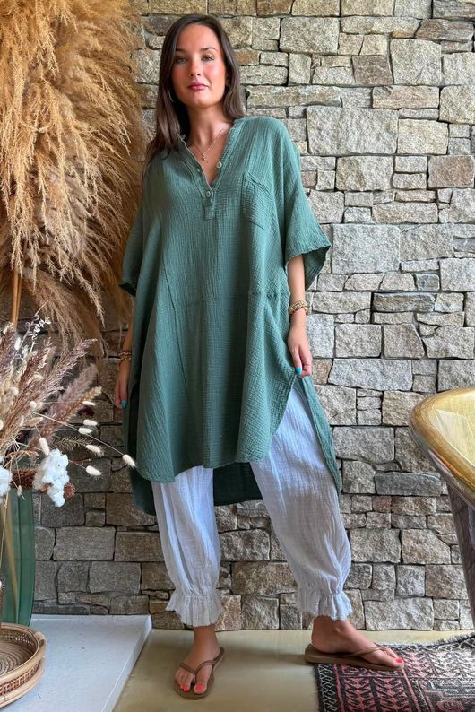 Tasha Cushion Cotton Oversized Shirt Tunic Khaki
